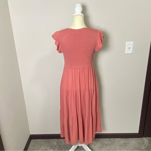 MEROKEETY Women's Flutter Sleeve Smocked Midi Dress V Neck Casual Tiered Size L - Picture 2 of 14